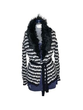 KOOKAI Cardigan Sweater belted Size 1 Black White stripe